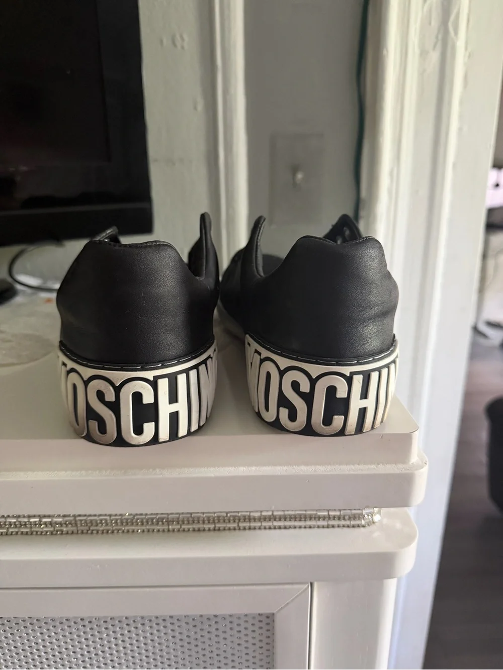 Moschino Black and White Logo Heel Low-Top Sneakers